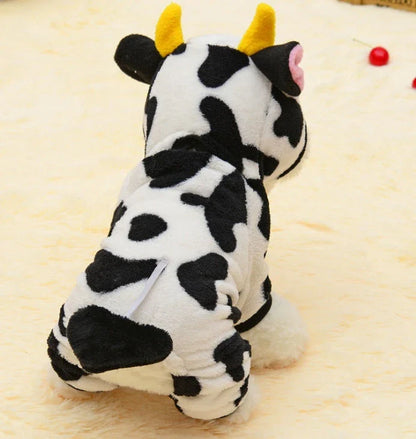 White cow costume hooded sweatshirt for pets with black patches and fleece lining