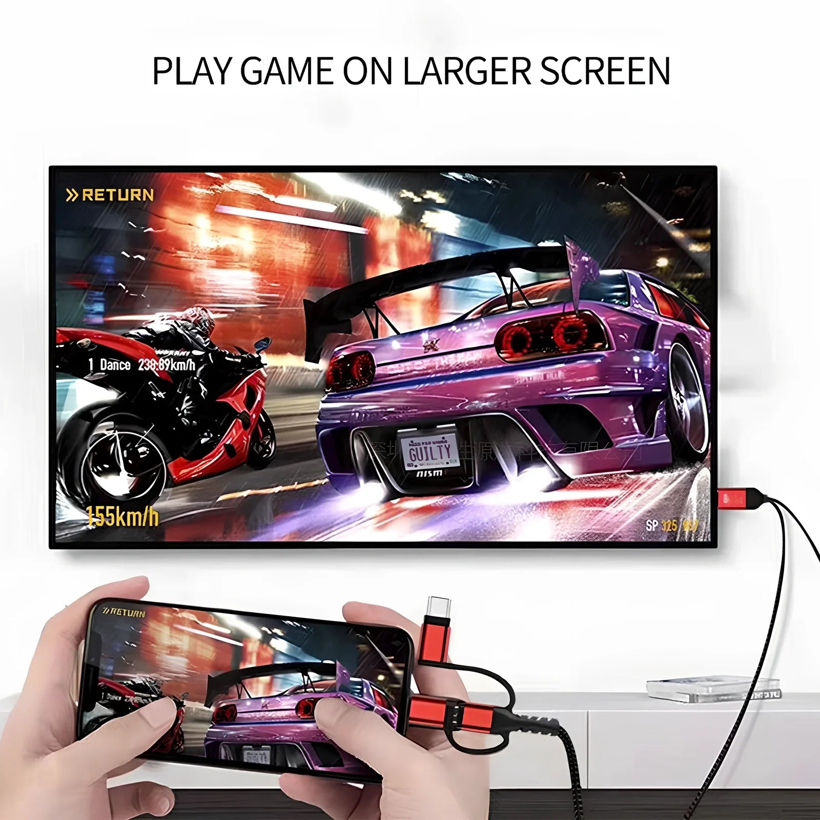 Black 4K 3in1 HDMI wireless WiFi adapter cable connecting Android iOS phone to TV for screen mirroring