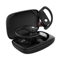 Black wireless Bluetooth headset with LED digital display on a hanging ear hook.