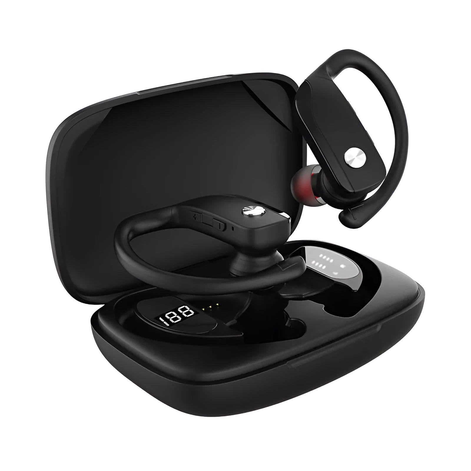 Black wireless Bluetooth headset with LED digital display on a hanging ear hook.
