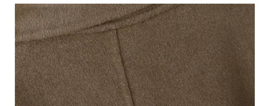 Women's knee-length wool coat with a long suit collar in black and caramel colours