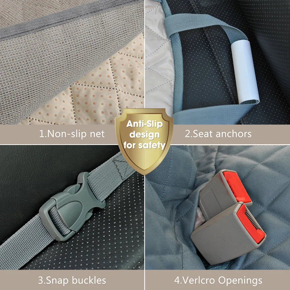 Black car pet cushion anti-seepage 137x147x40cm on rear car seat with adjustable straps