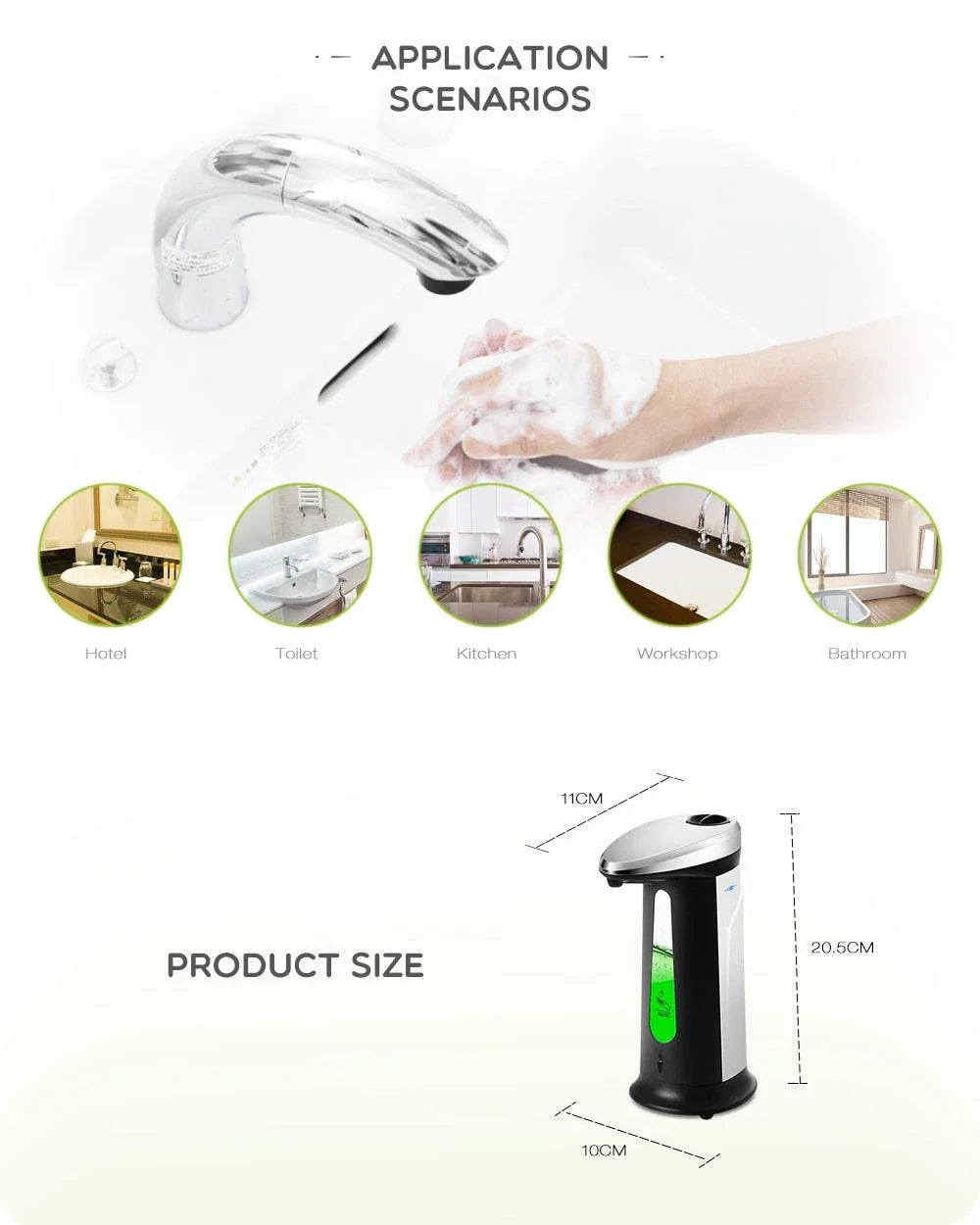 Automatic liquid soap dispenser with infrared sensor for touchless operation and 400ml capacity