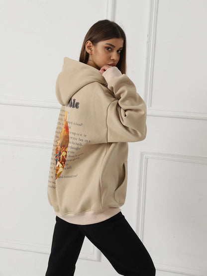 Women's casual printed long sleeved sweatshirt in polyester, available in white, khaki, and black.