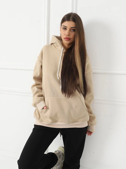 Women's casual printed long sleeved sweatshirt in polyester, available in white, khaki, and black.
