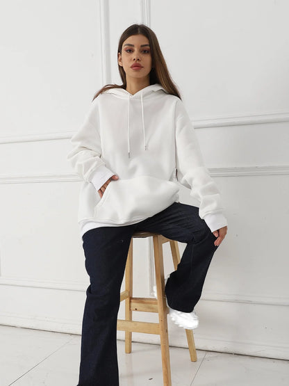 Women's casual printed long sleeved sweatshirt in polyester, available in white, khaki, and black.