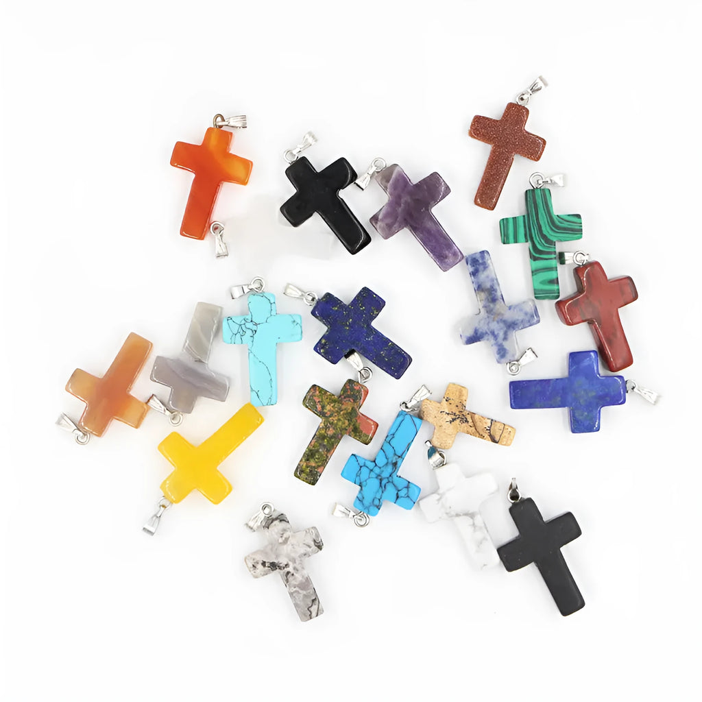 Natural stone cross marble pattern pendant necklace with alloy setting and snake chain, multiple colour options including amethyst and turquoise