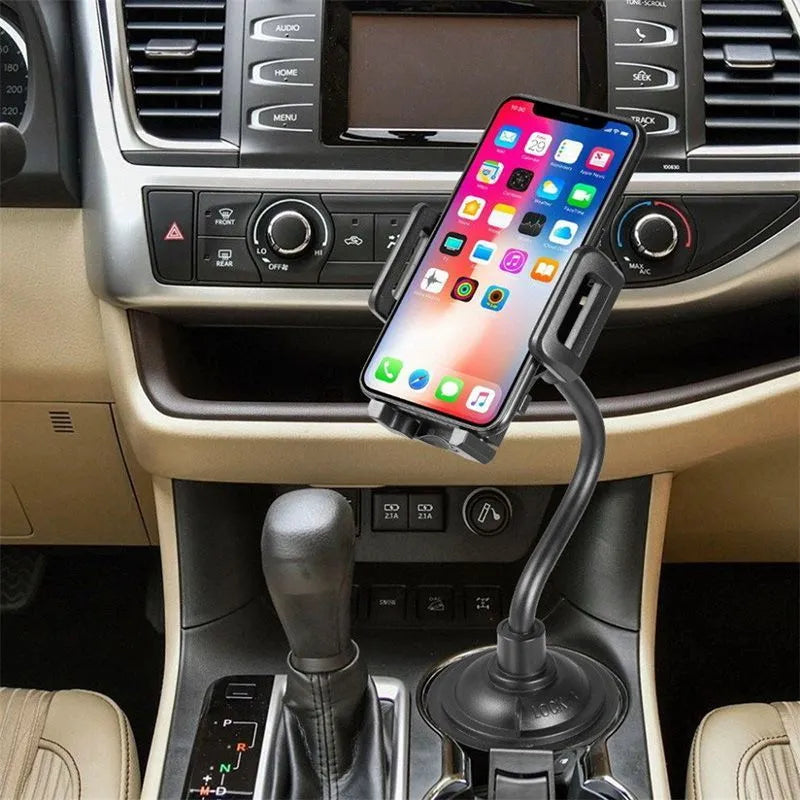 Black universal car phone mount bracket with suction cup, vent clip and adjustable side handles