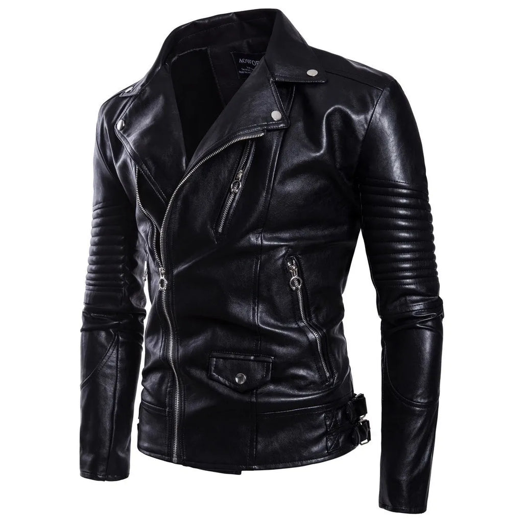 Men's black sheepskin leather jacket with suit collar and front zipper, fit-style edition for daily wear