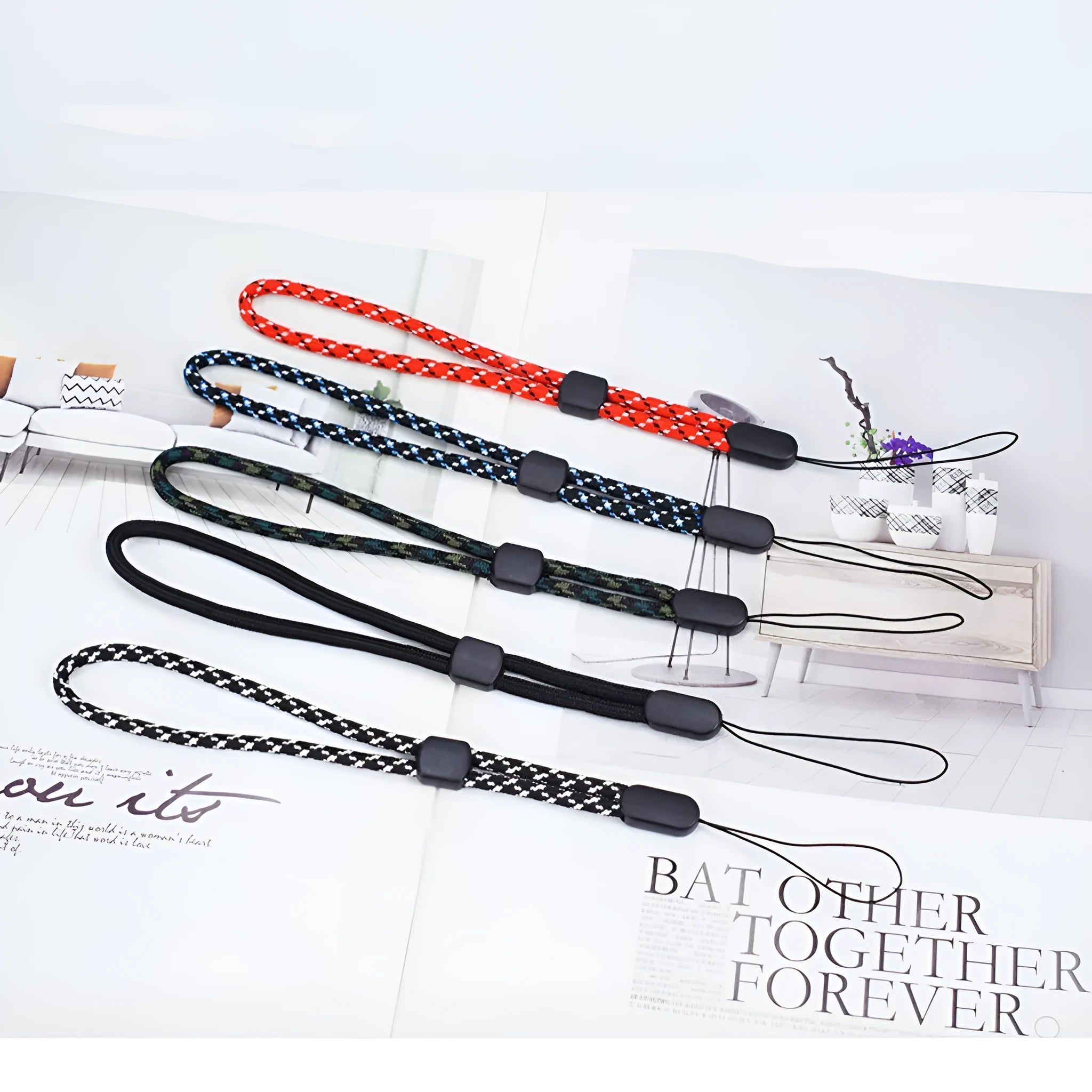 Adjustable nylon mobile phone lanyard wrist strap 20cm in black and white jacquard weave