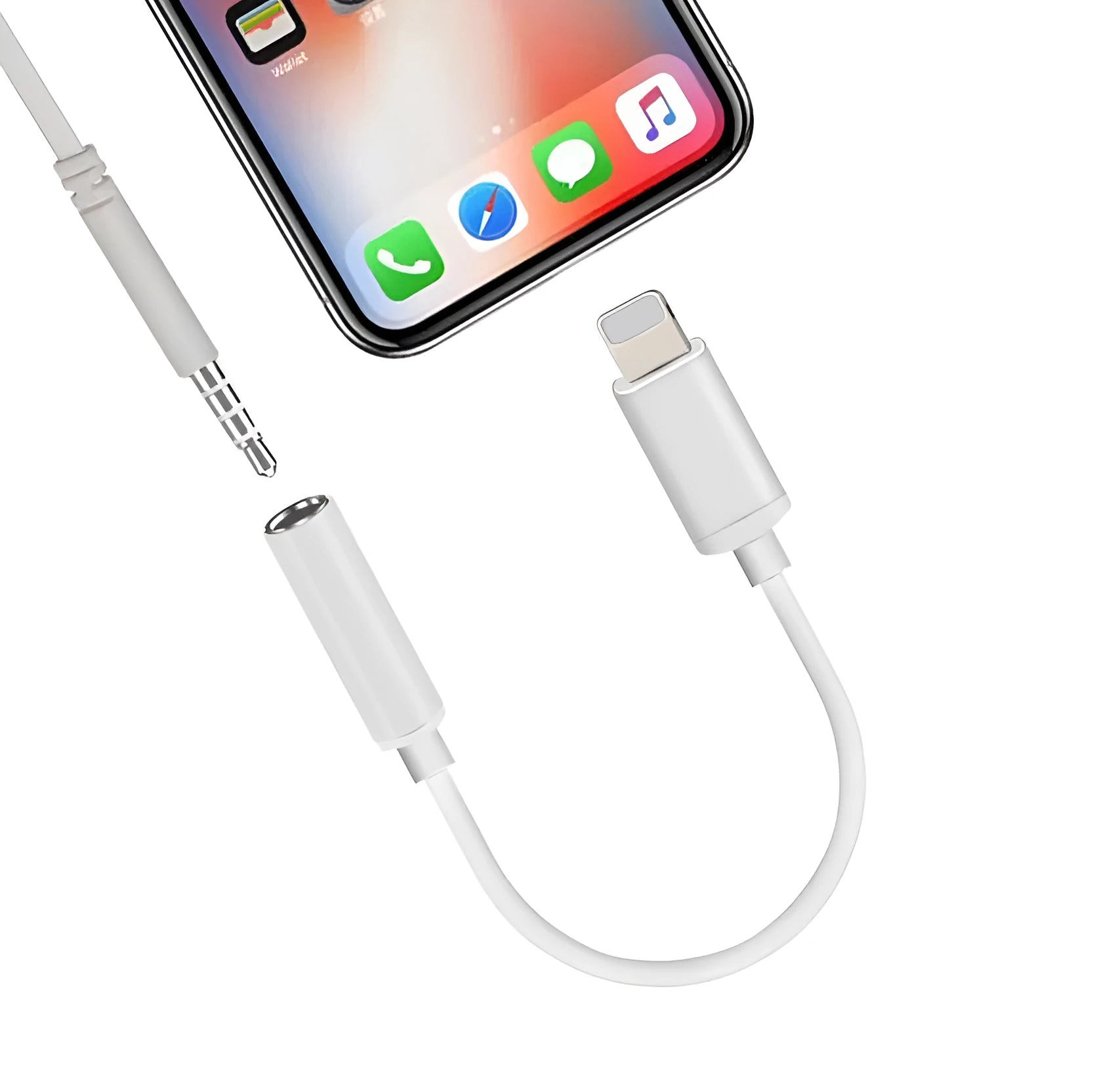 White Lightning to 3.5mm audio adapter for iPhone compatibility.