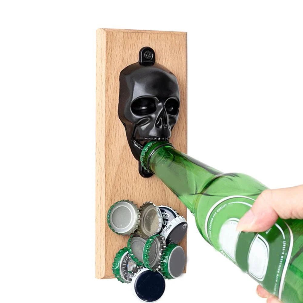 A skeleton-shaped bottle opener made of zinc alloy and solid wood, designed in New Zealand for easy wall-mounting and durable performance.