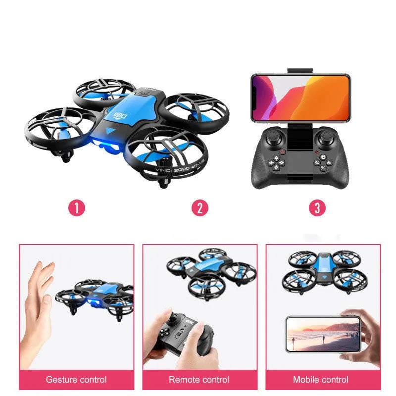 Blue or orange V8 mini RC quadcopter drone with propellers, shown with remote control and storage bag.