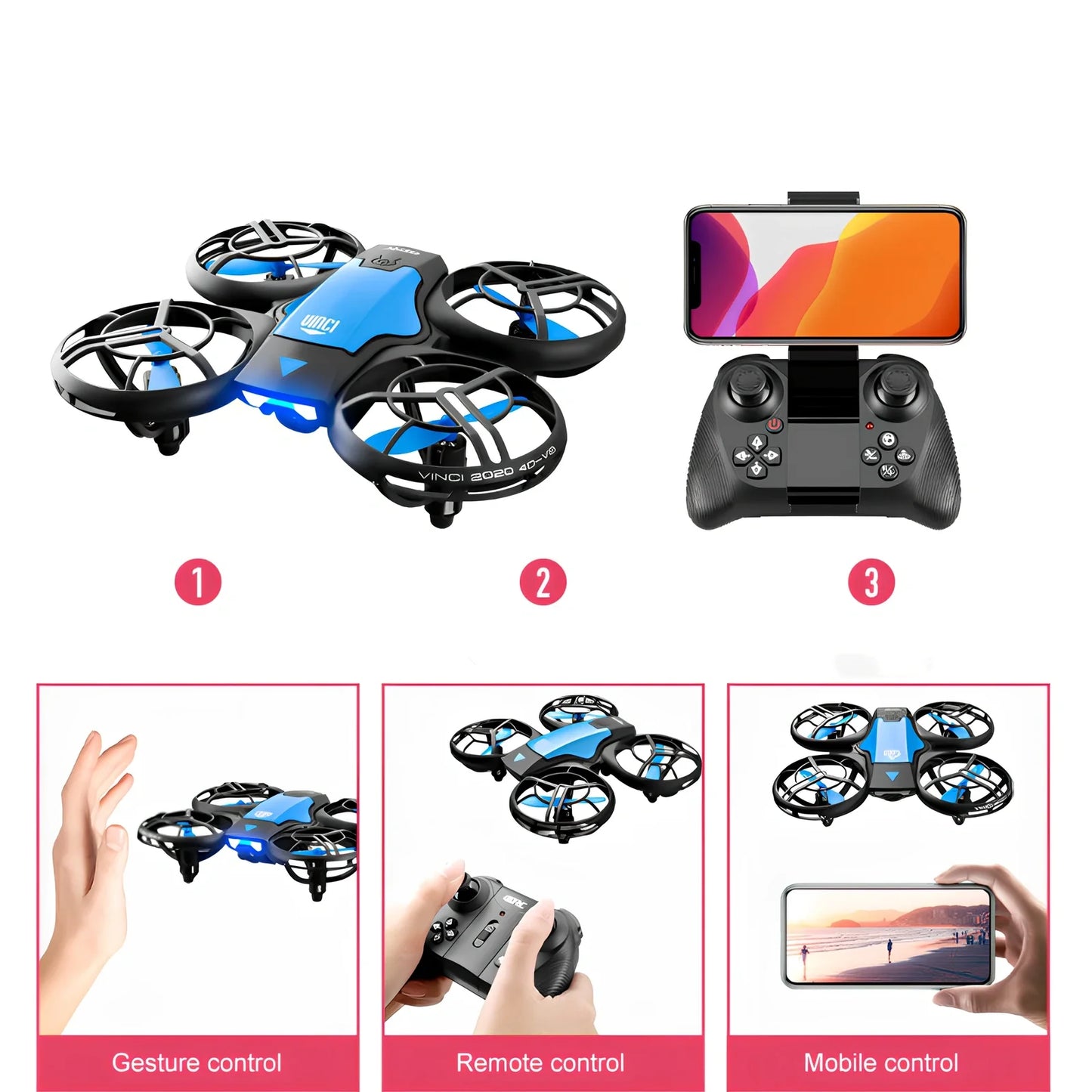 Blue V8 mini RC drone with gesture sensor, HD camera, altitude hold, size under 30cm, orange variant available