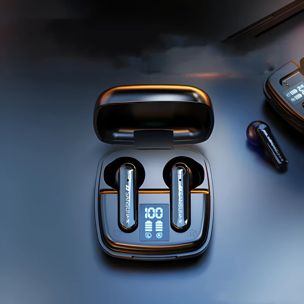 Dark night black and ivory white wireless Bluetooth earbuds with semi-in-ear design and digital battery display.