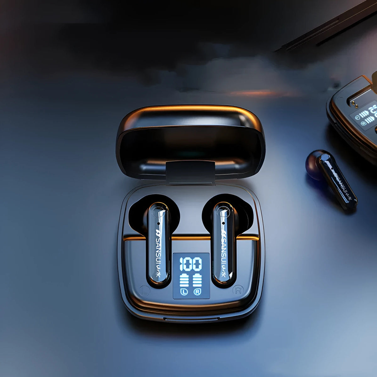 Dark night black and ivory white wireless Bluetooth earbuds with semi-in-ear design and digital battery display.