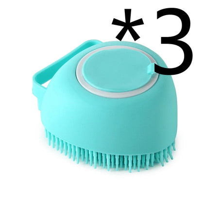 Premium silicone pet grooming brush with soft bristles, shampoo reservoir, and ergonomic handle for gentle, effective pet bathing and massage