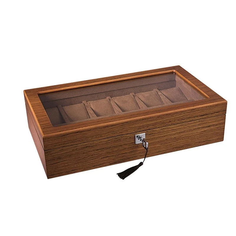 Matte wood grain lock watch storage box with 5 slots, brown finish
