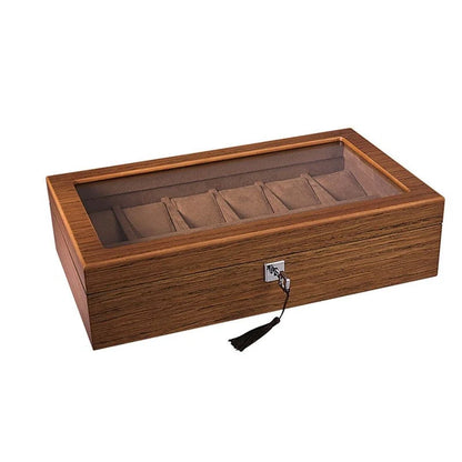 Matte wood grain lock watch storage box with 5 slots, brown finish