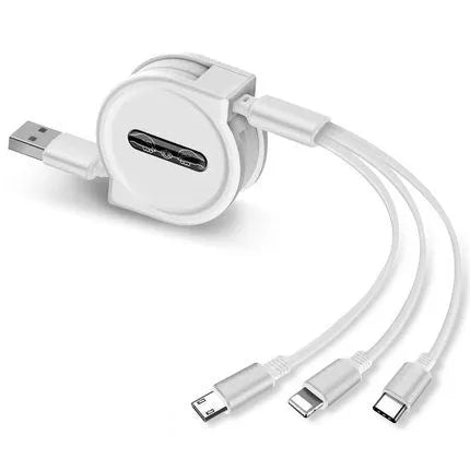Black telescopic charging cable extended to full length showing three different connector types
