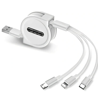 Black 3-in-1 telescopic charging cable extended to 120cm with three titanium alloy connectors for multi-device use