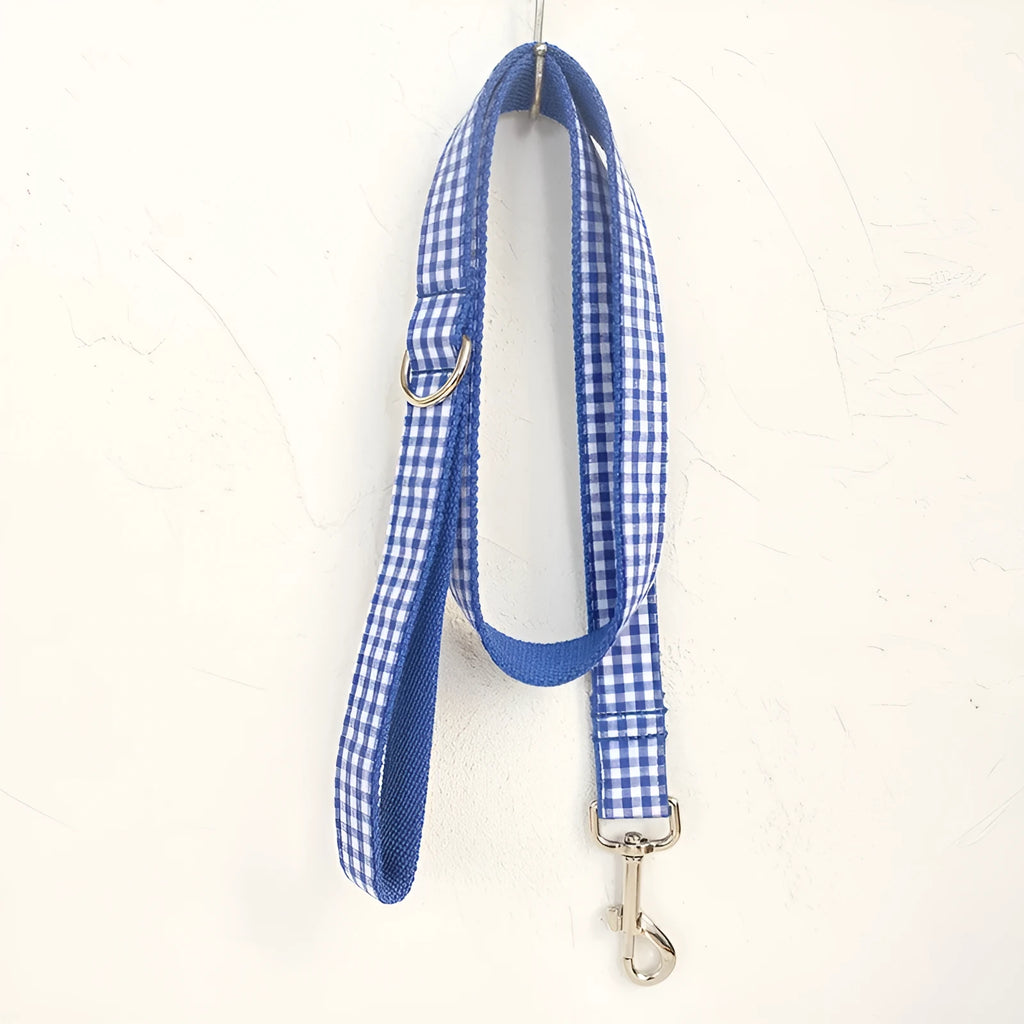 Blue polyester dog leash with adjustable buckle, available in multiple sizes for pets