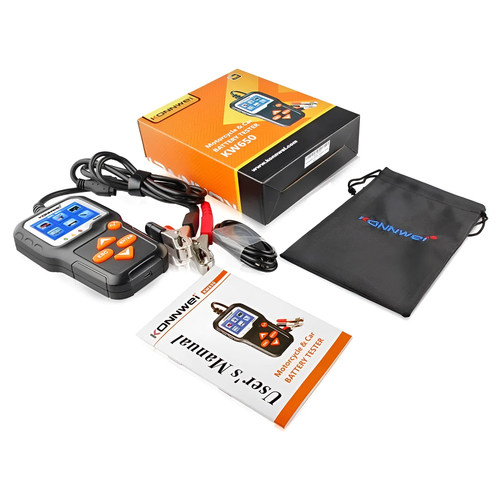 KONNWEI KW650 battery tester with LCD screen and three LED indicators, black casing