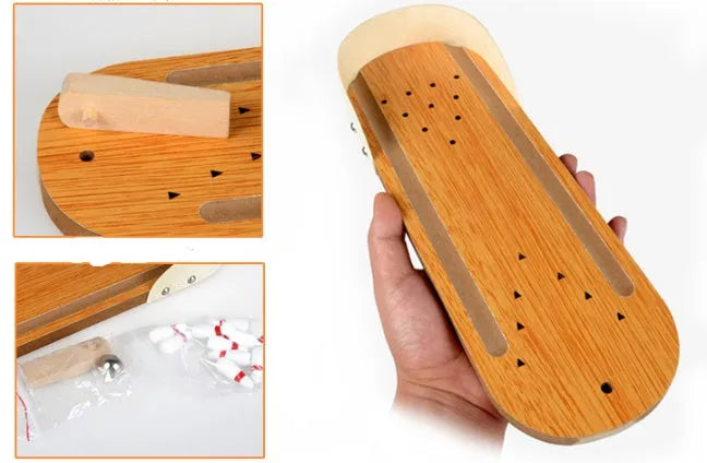 Children's educational wooden mini bowling set with pins and ball on a tabletop for interactive play