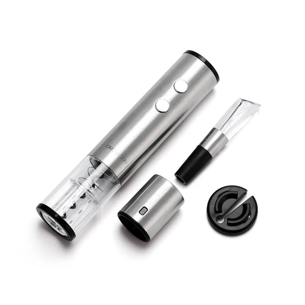 Silver electric corkscrew wine bottle opener with stainless steel finish in a gift box set