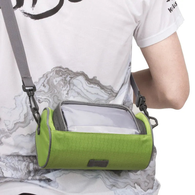 Rainproof polyester bicycle handlebar bag in black with phone touch screen window and 1.5L capacity