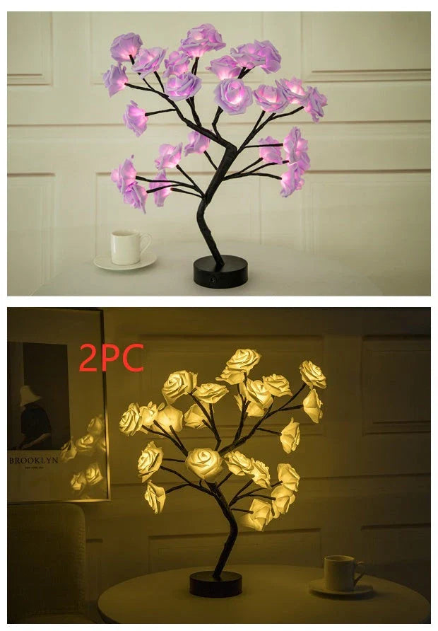 Rose Flower LED Table Lamp in white and red with USB and battery operation
