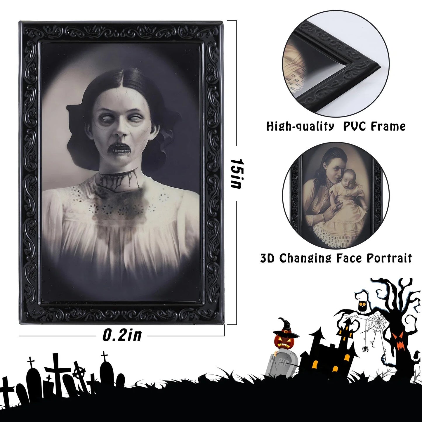 Halloween 3D changing face moving picture frame with vintage black design