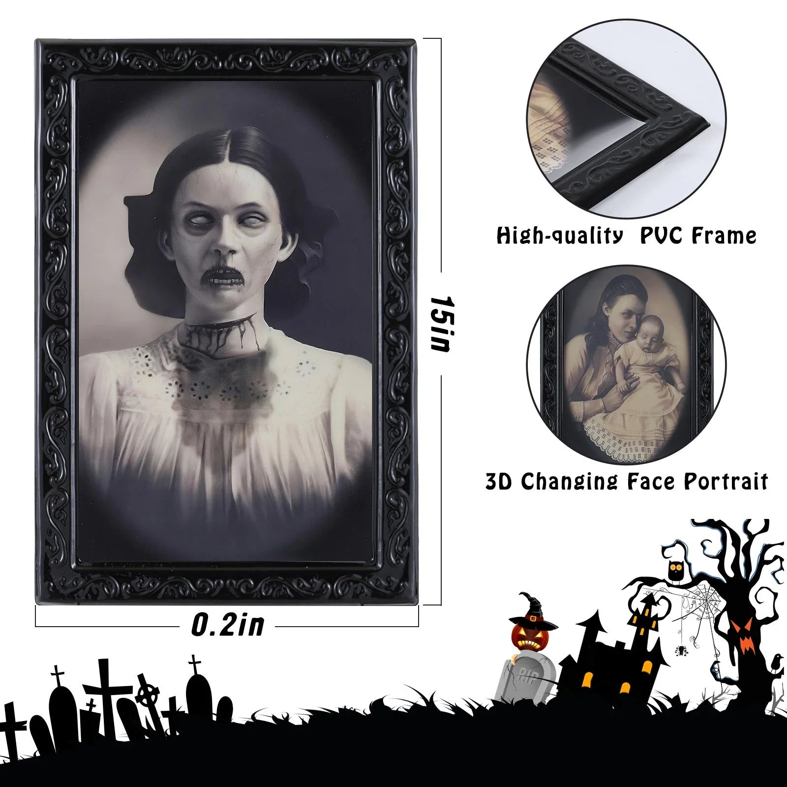 Halloween 3D changing face moving picture frame with vintage black design