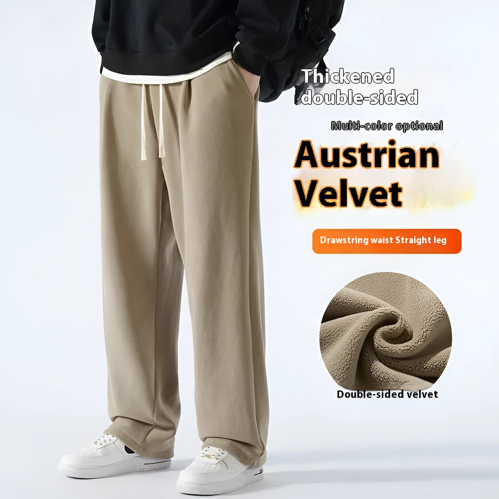 Men's double-sided polar fleece winter trousers in apricot colour showing loose Korean style and drawstring waist