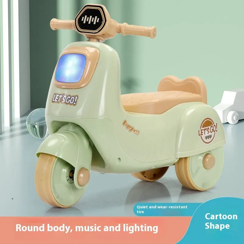 Childrens plastic toy motorcycle balance scooter in Chinese Olive Green with music light for ages 0-36 months