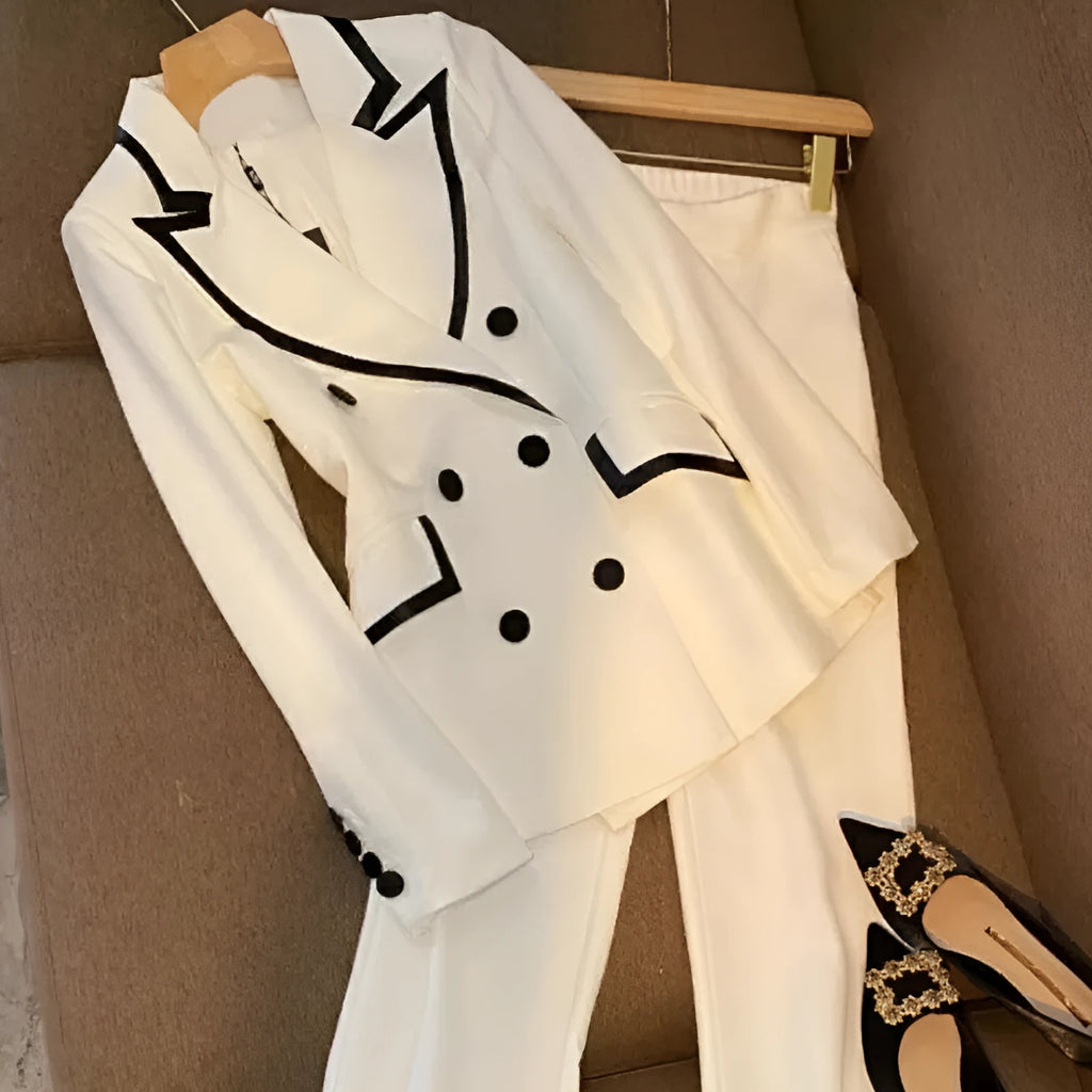 Women's white two-piece suit set with top and pants, polyester fabric, conventional sleeves, available sizes S to 3XL
