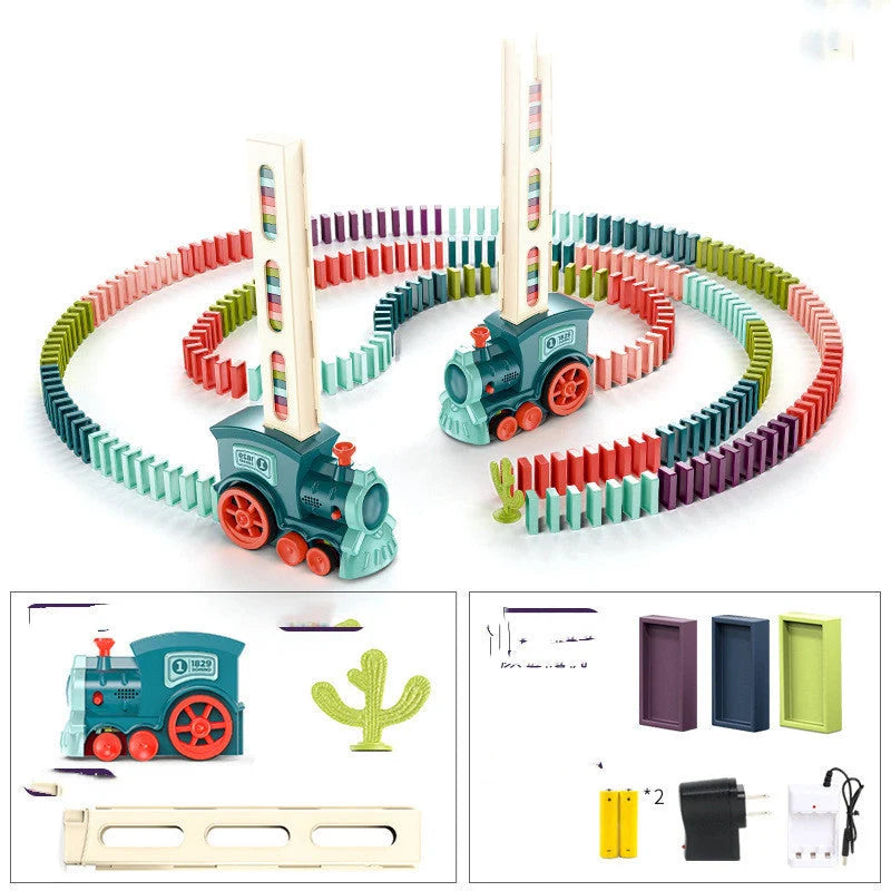 Automatic domino licensing electric train set for infants with wooden dominoes