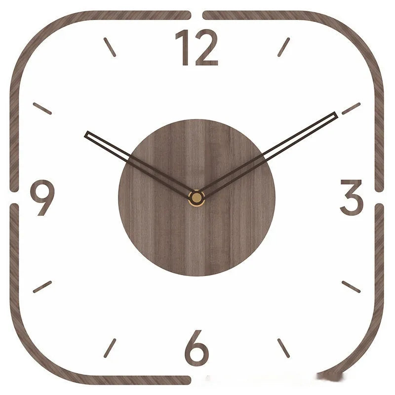 Modern transparent wooden frame wall clock with 35cm square dimensions for living room or office