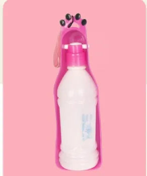 Blue portable pet cup drinker with stretch cover and 600ml capacity, shown on outdoor background