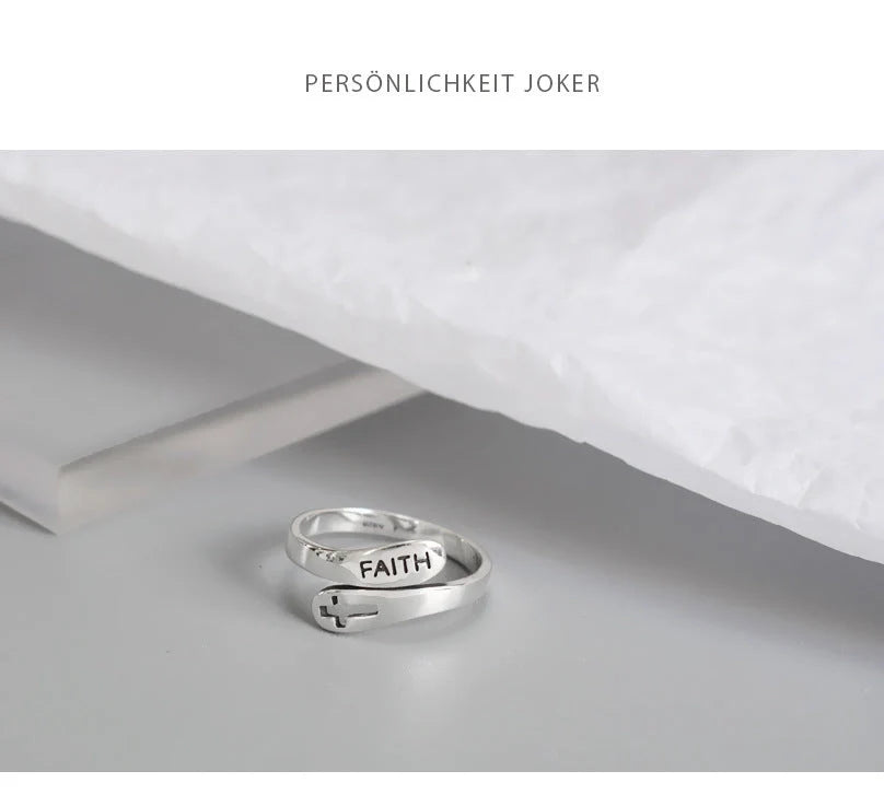 Adjustable English Letter Hollow Belief Ring in silver with unique design