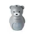 Animal-shaped USB mini humidifier in white plastic with single mist outlet and mechanical timer knob on a desk.