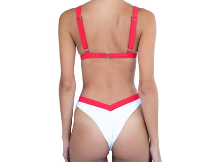 Women's split bikini with deep V-neck in nylon fabric, available in 18 colours with Asian sizing