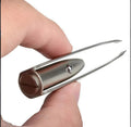 Stainless steel LED beauty tweezers with on/off button and built-in light at the tip.