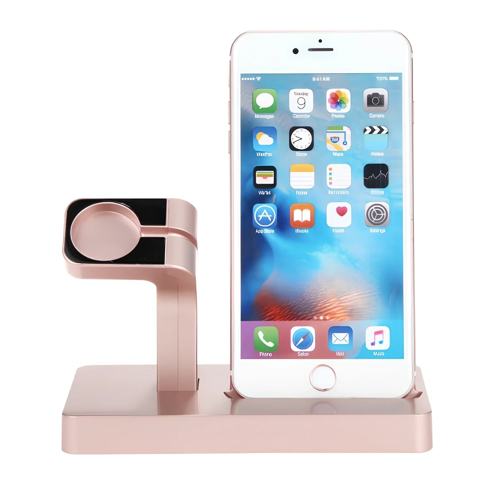 White 2-in-1 charging dock holding iPhone and Apple Watch, 150x78x106mm ABS stand with non-slip pads