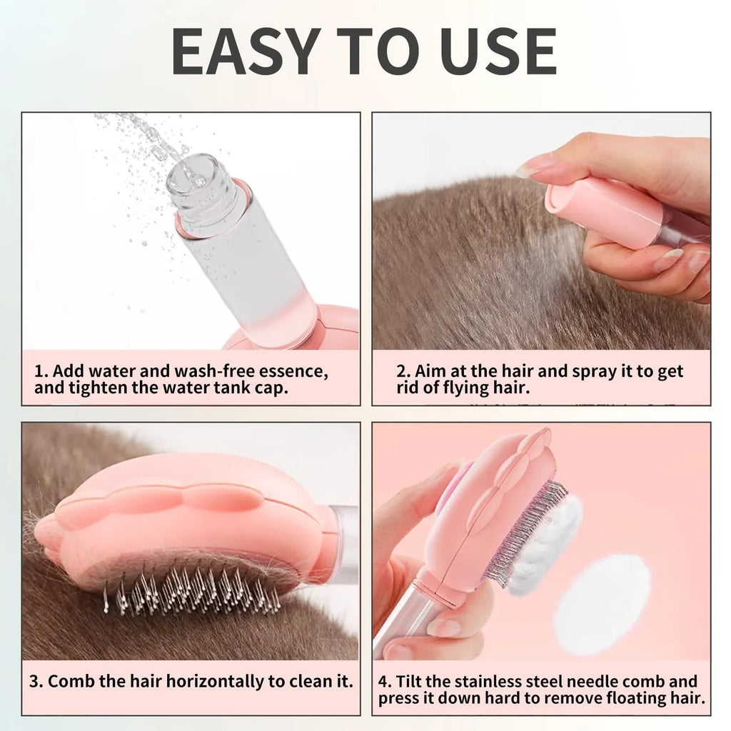 Grey spray cat brush with release button next to a cat, showing curved stainless steel bristles.