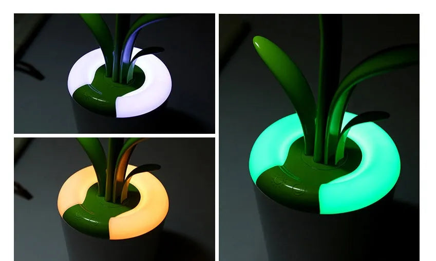 Modern rechargeable LED table lamp in pink with touch control and plant-shaped design on a wooden desk