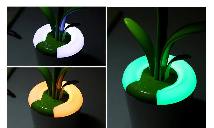 Rechargeable USB LED desk lamp with adjustable brightness levels, night light mode, and a stylish plant-inspired design