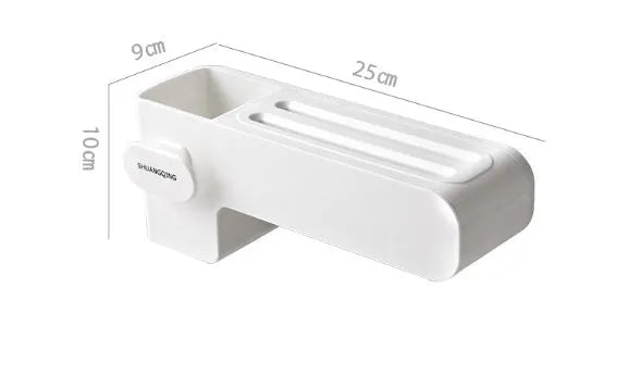 White plastic kitchen knife rack mounted on wall with dimensions 10.6 cm wide by 26 cm tall