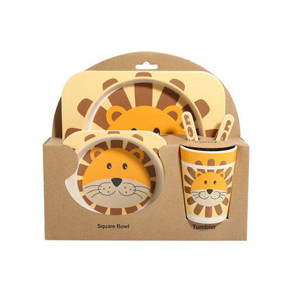 Five-piece bamboo fibre children's tableware set with vibrant animal-themed designs