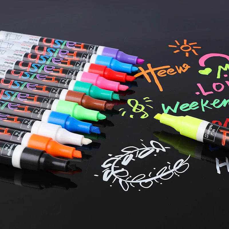 A plastic electronic highlighter with an oblique shape for fluorescent boards, shown with an 8-colour refill pack.